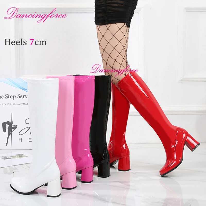 Red White Pink Patent Knee High Boots 60s 70s Go Boots Women Block Heels GoGo Halloween Party Dress Lady Shoes Square Toe W250902