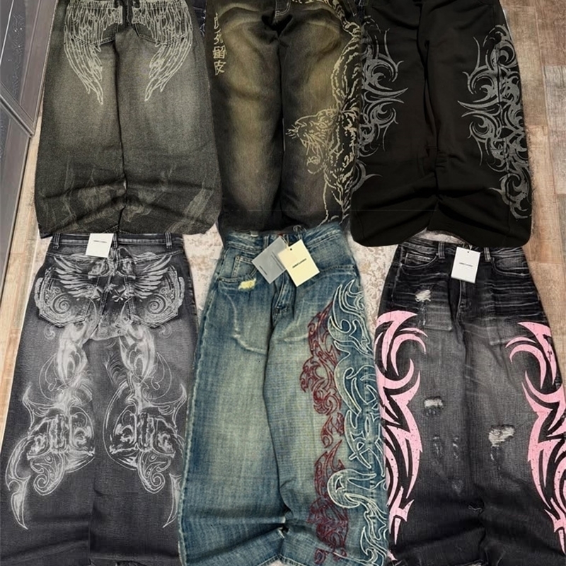Y2K Gothic Oversized Jeans Unisex High Street Japanese Fashion Retro Wide Pants Harajuku HipHop Work yy250901