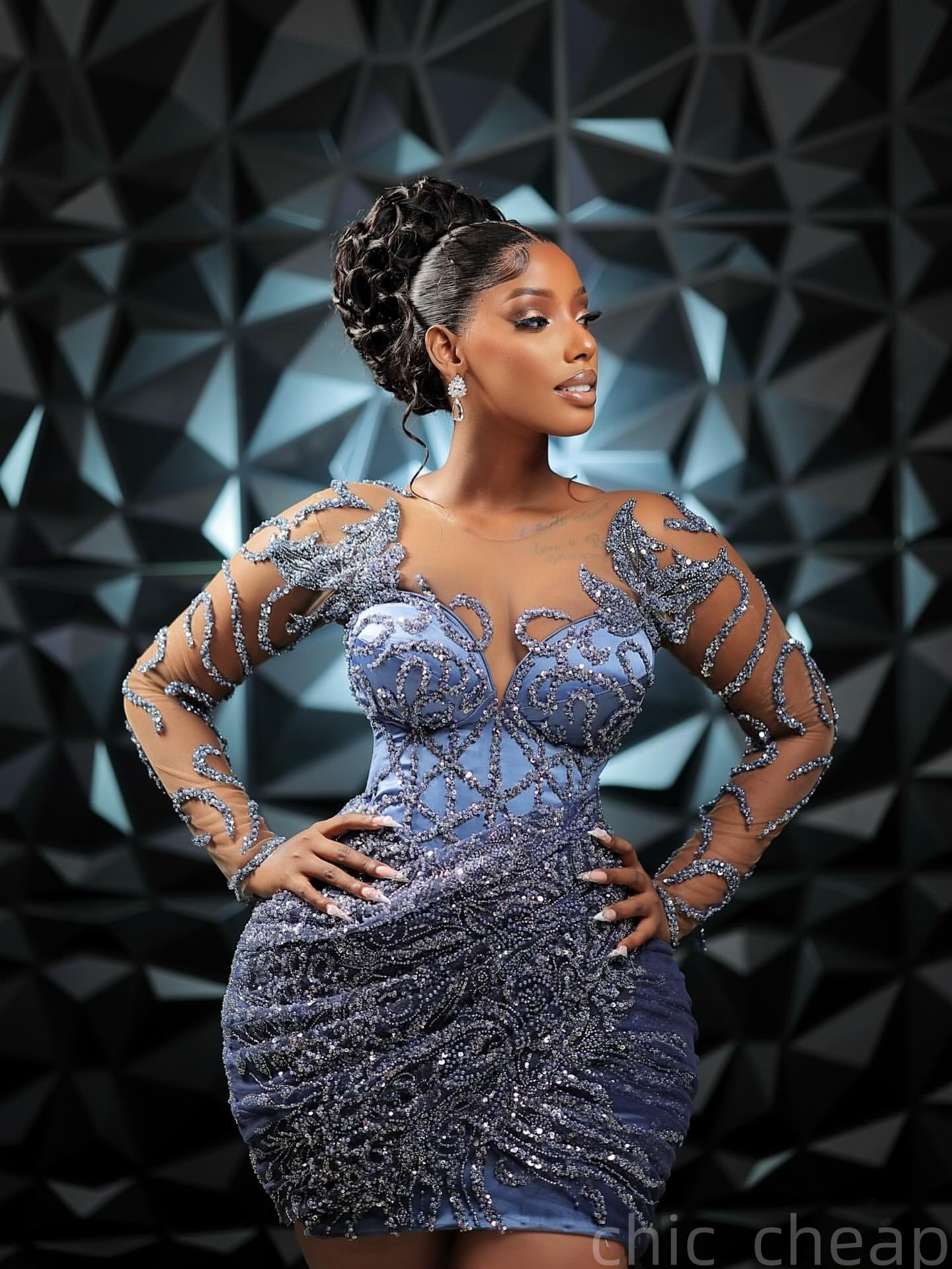 Chic Blue Jay Sheath Cocktail Dress Sequined Full Sleeves Sheer Neck Short Mini Graduation Homecoming Dresses For Special Occasions Sweetheart Gowns