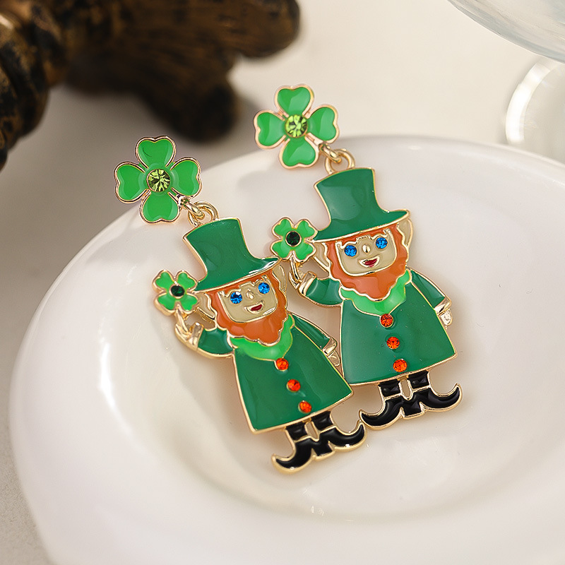 New Arrival Stylish and Versatile St Patrick Green Four leaf Clover Earrings Alloy Enamel filled and Diamond set Ideal for Irish Carnival