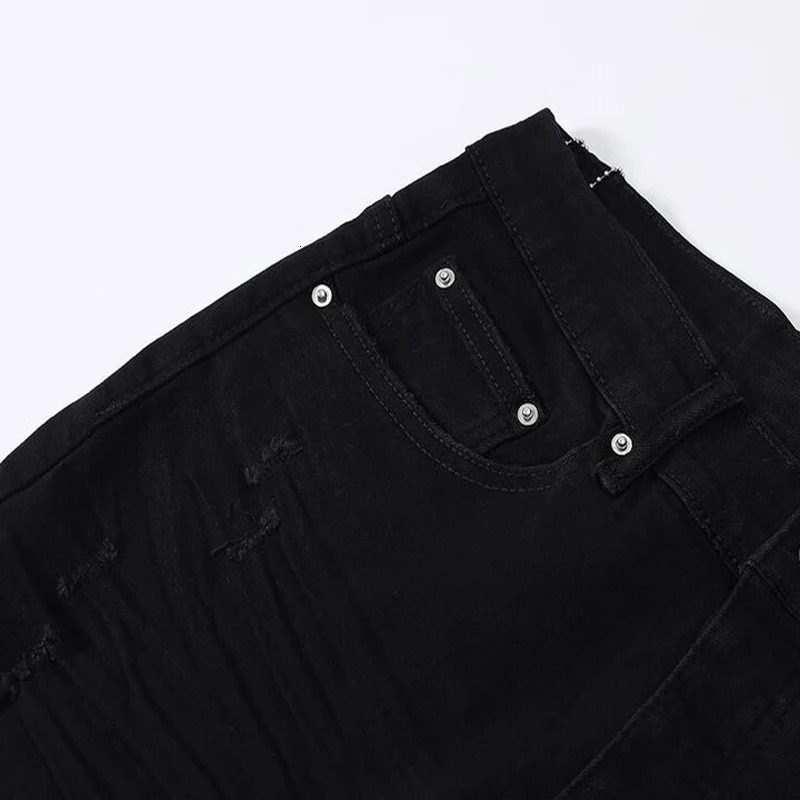 Fashion ner Men Jeans High Quality Black Stretch Skinny Fit Leather Patched Ripped Y2K Hip Hop Denim Pants 250902