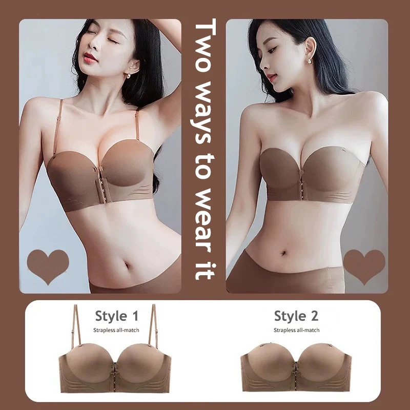 Front Clre Strapless Bras For Women Seamless Push Up Brassiere Thick Soft Underwear Solid Color Adjustable Invisible Lingerie 250902