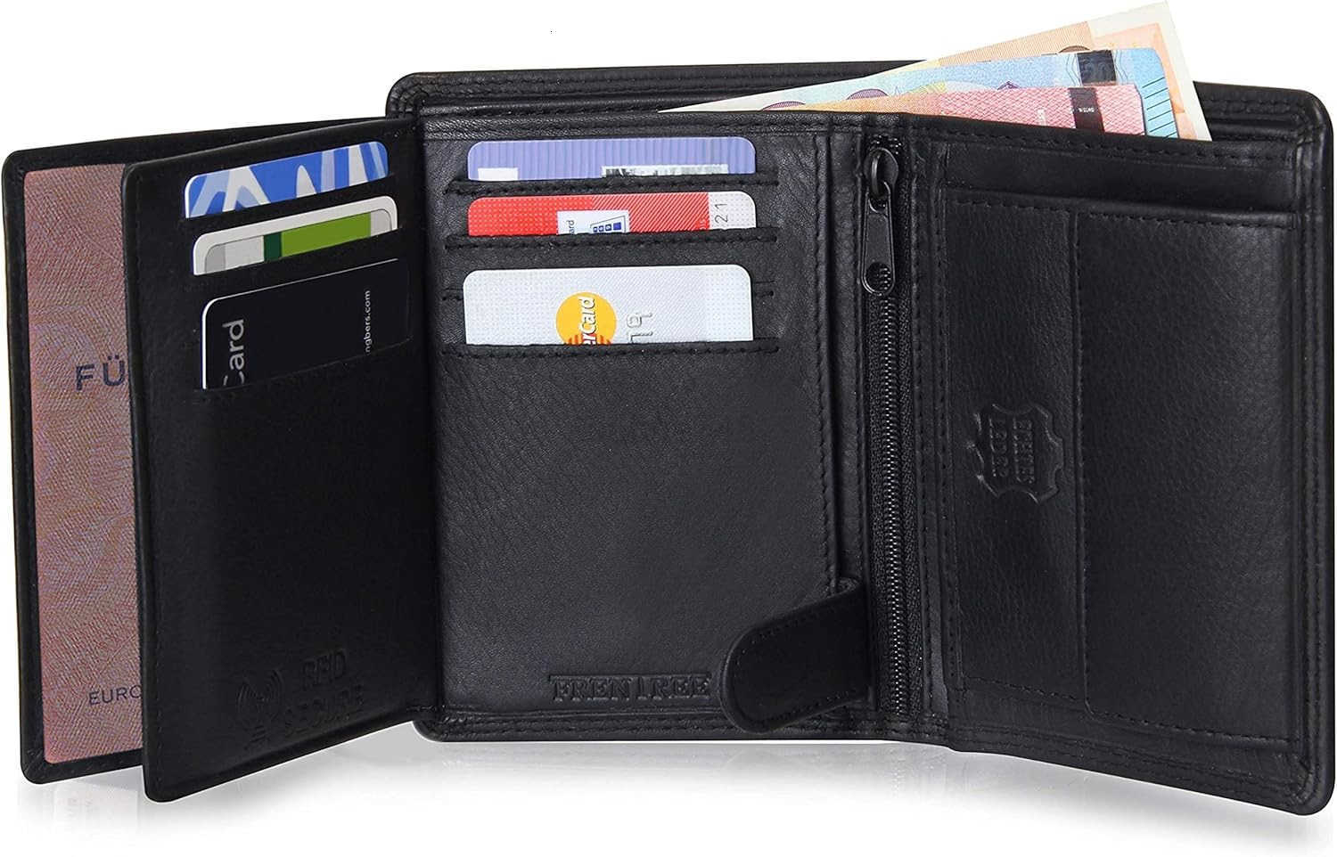 Mens Trifold Nappa Leather Wallet 15 Card Slots RFID Protection Portrait Format BlackZ250911