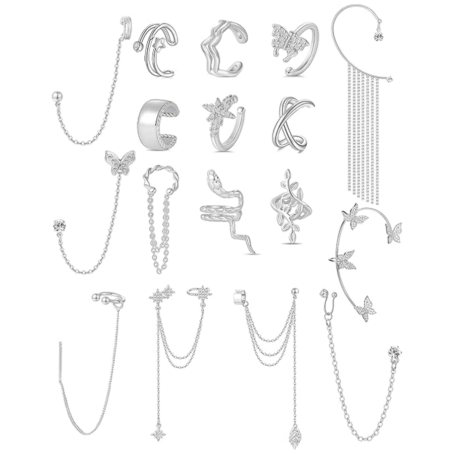 17Pcs Ear Cuffs Chain Earrings Snake Butterfly Leaf Non Piercing Clip on Earring Fake Helix Cartilage Earrings Ear Clip Jewelry Silver Tone