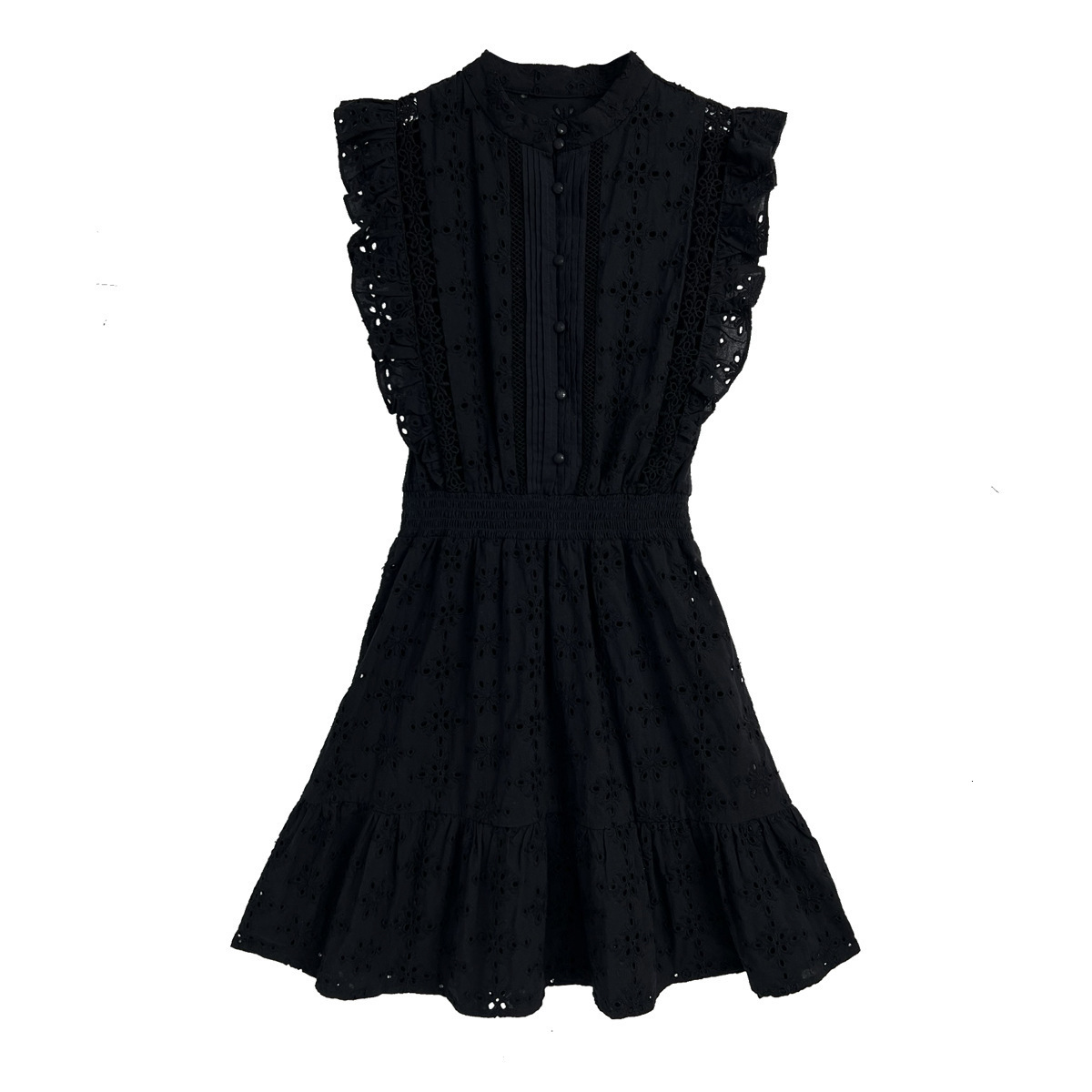 Summer New French Style Black Sweet Cute Embroidered Hollow Out Short Dress with Small Flutter Sleeves 210506