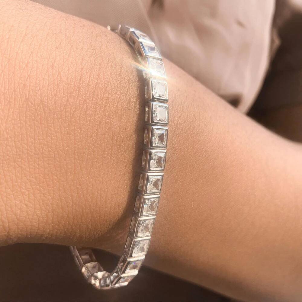 34mm Princess Cut Moissanite Tennis Bracelets for Women Men 925 Silver Square Diamond Bezel Set Unisex Bracelet with GRA