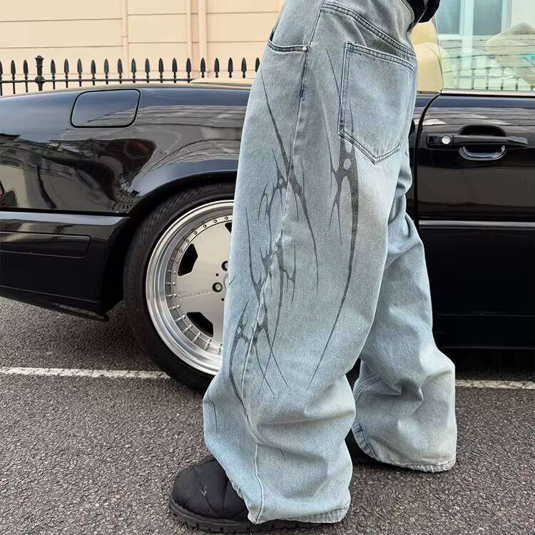 Wide-Leg Printed Denim Sweatpants Oversized Street Style Loose Track Pants Men's Jeans