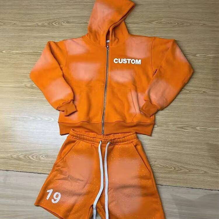 Acid Wash Zipper Rhinestone Shorts Tracksuit Set Oversized Hoodie Heavyweight Loose Sweatpants Factory