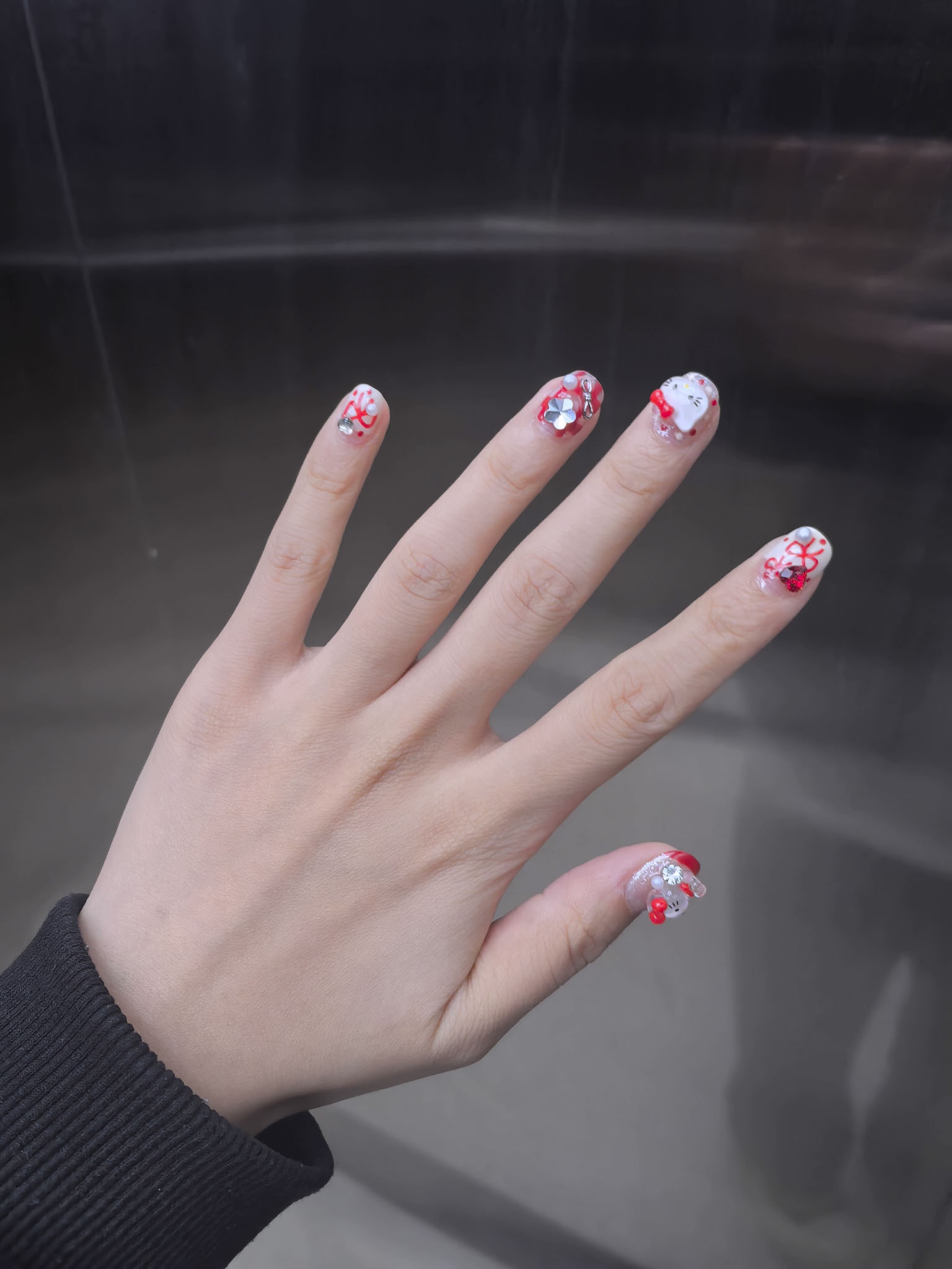 Handmade Press on Nails High end Red French Style with Cartoon Cats, Short Length, Skin-whitening, Cute Adorned with Heart shaped Rhinestones