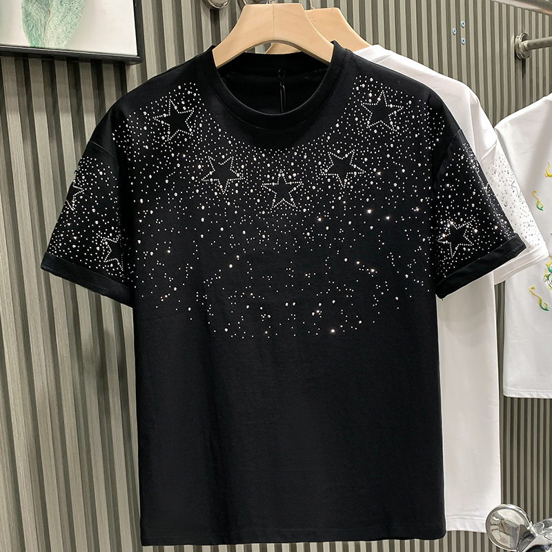 Mens Designer T Shirts 2025 Starry Rhinestones Y2K Retro Summer Casual Short-Sleeve T-Shirt Loose Streetwear top
