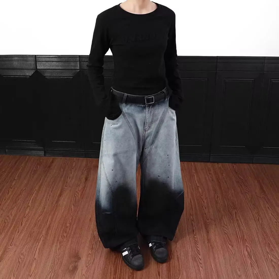 American retro gradient high street splashed ink personality loose curved knife hiphop jeans men and women trendy casual pants 250823Z