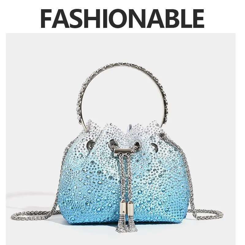 2024 New Shiny Bucket High-end Rhinestone Sequin Chain Handbag Shoulder Crossbody High Appearance Small Bag