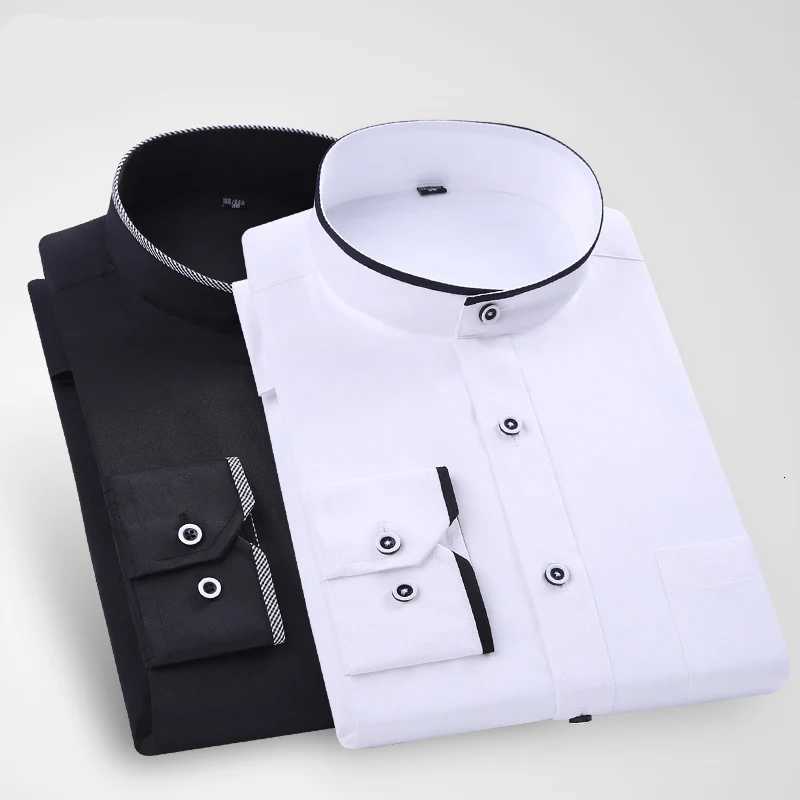 Mens stand up collar shirt classic round neck slim fit vertical collar long sleeved white shirt X250903