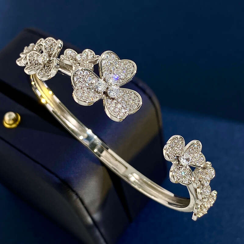 2025 European-American Style Clover Bracelet, Full-Diamond 7-Flower Design, Adjustable Open Bangle, Ins Trendy Jewelry, FK806350348 (Platinum/Gold/Ros