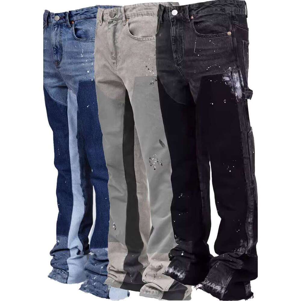High-Quality Men's Streetwear High Street Autumn Sand Wash Straight Jeans Patch Pocket Splash Print Breathable Design