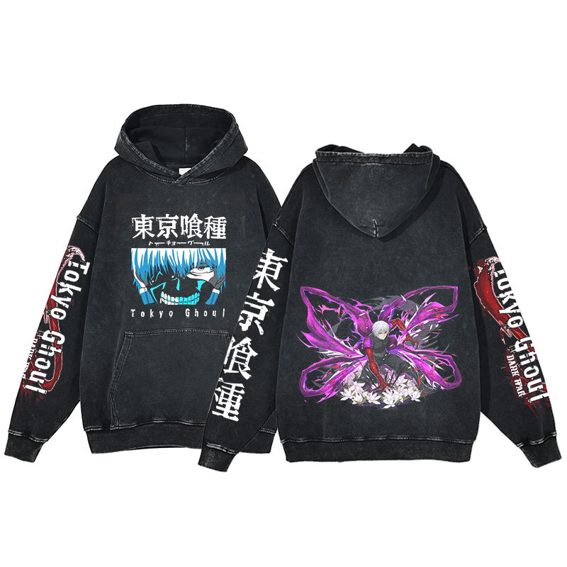 Anime Tokyo Ghoul Hoodie Ken Kaneki Print Harajuku Washed Hooded Sweatshirt Men's - VT2740