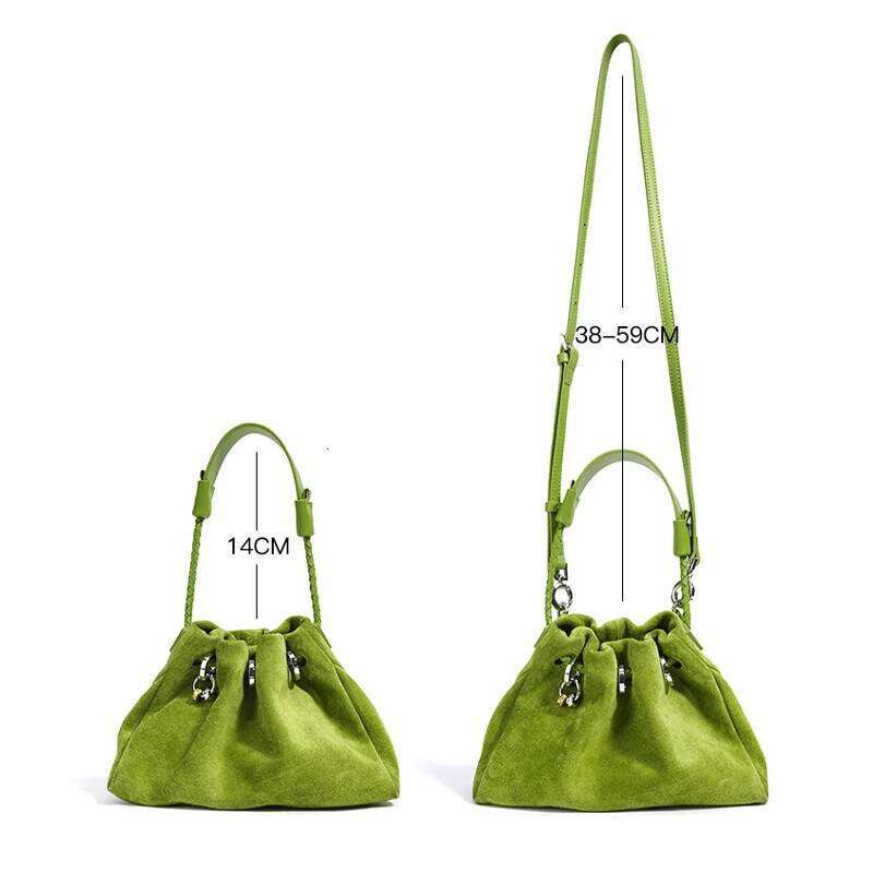 Designer Cowhide Suede Crossbody Shoulder Bag,Genuine Leather Drawstring Lucky Handbag,Women Casual Cloud Pleated Sling Bag