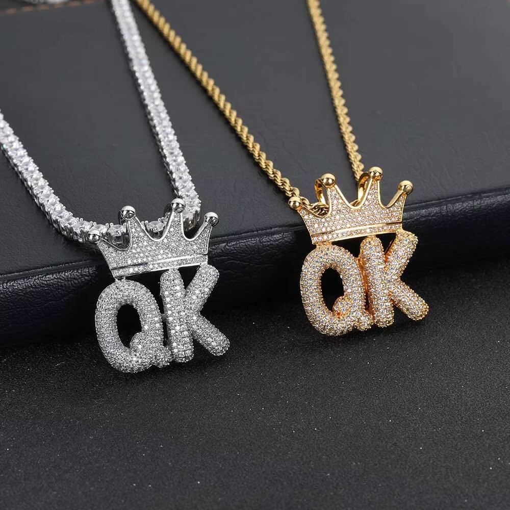 NUOYA Custom Letter Crown Pendant Necklace Gold Plated Hip Hop Moissanite Diamond Inlay Name Jewelry for Women Girls Gift Customizable