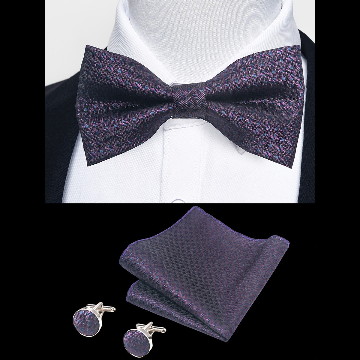 Hi-Tie Classic Black Bow Ties for Men 100% Silk Pre-Tied Bow Tie Pocket SqUAre Cufflinks Suit Set Floral Gold Bowties 220506