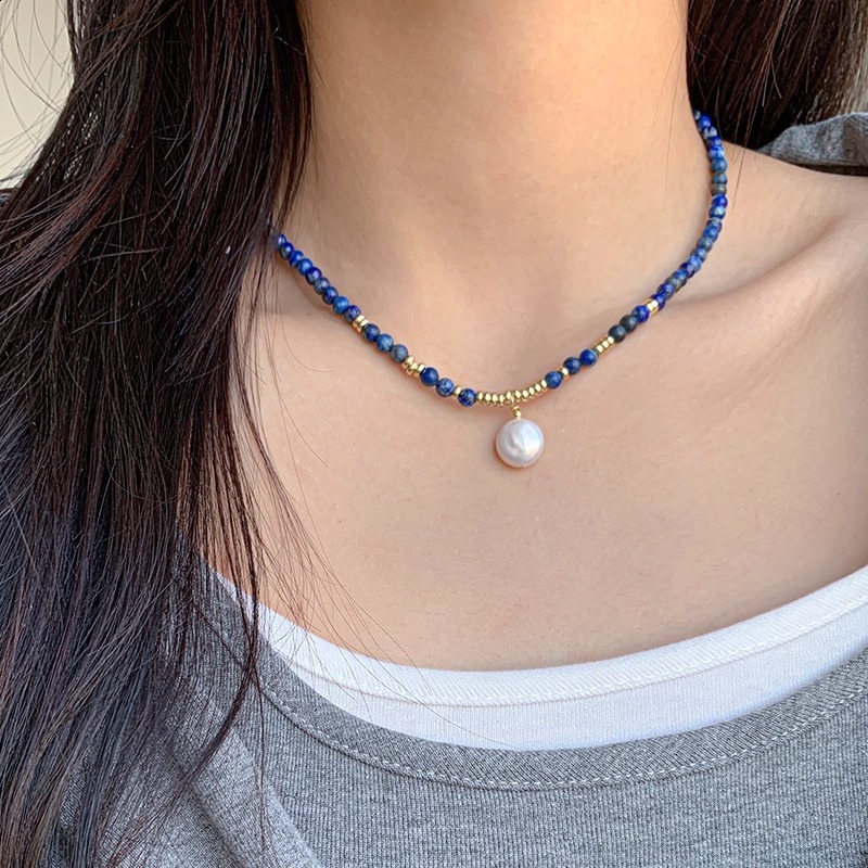Baroque Button Freshwater Pearl Lapis Lazuli Necklace for Women Elegant Internet Celebrity Klein Blue Glitter Fashion Collarbone Chain
