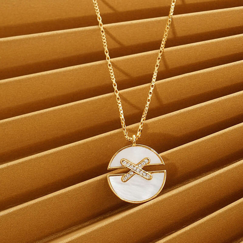 DHpet 2025 New White Mother of Pearl Collar Necklace - 18K Gold Plated, Zircon Inlay, Round Cross Design, Bamboo Chain, Lvyuan Brand for Women