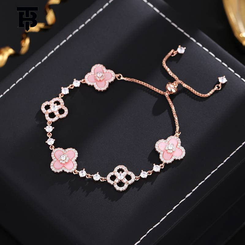 TB BHULAMTE Designer Women's Bracelet, Light Luxury Genuine Gold Plating, Four-petal Flower Zircon Lucky Pollen Red Elegant Adjustable Bracelet