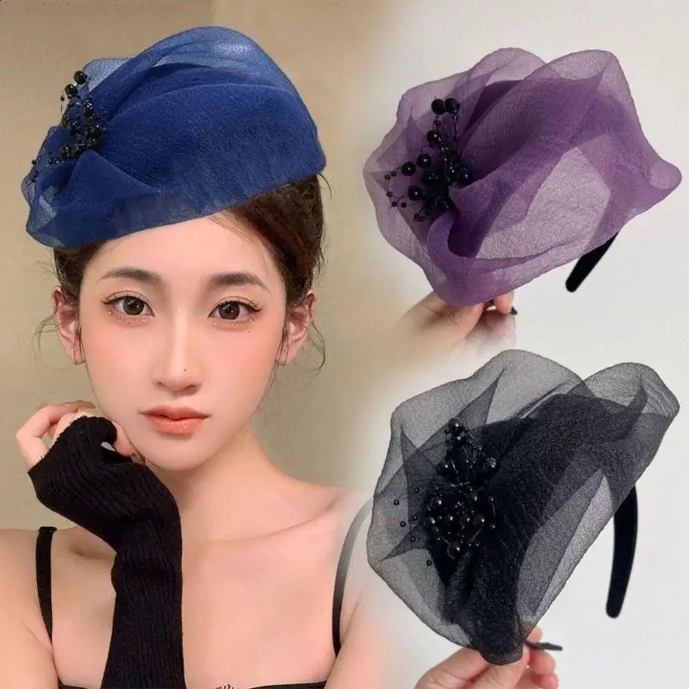 French Beaded Mesh Hairband Elegant Fashion Mesh Veil Fascinator Hat Bead Yarn Half Hat Dinner Party Hairband Hair Accessories 250903
