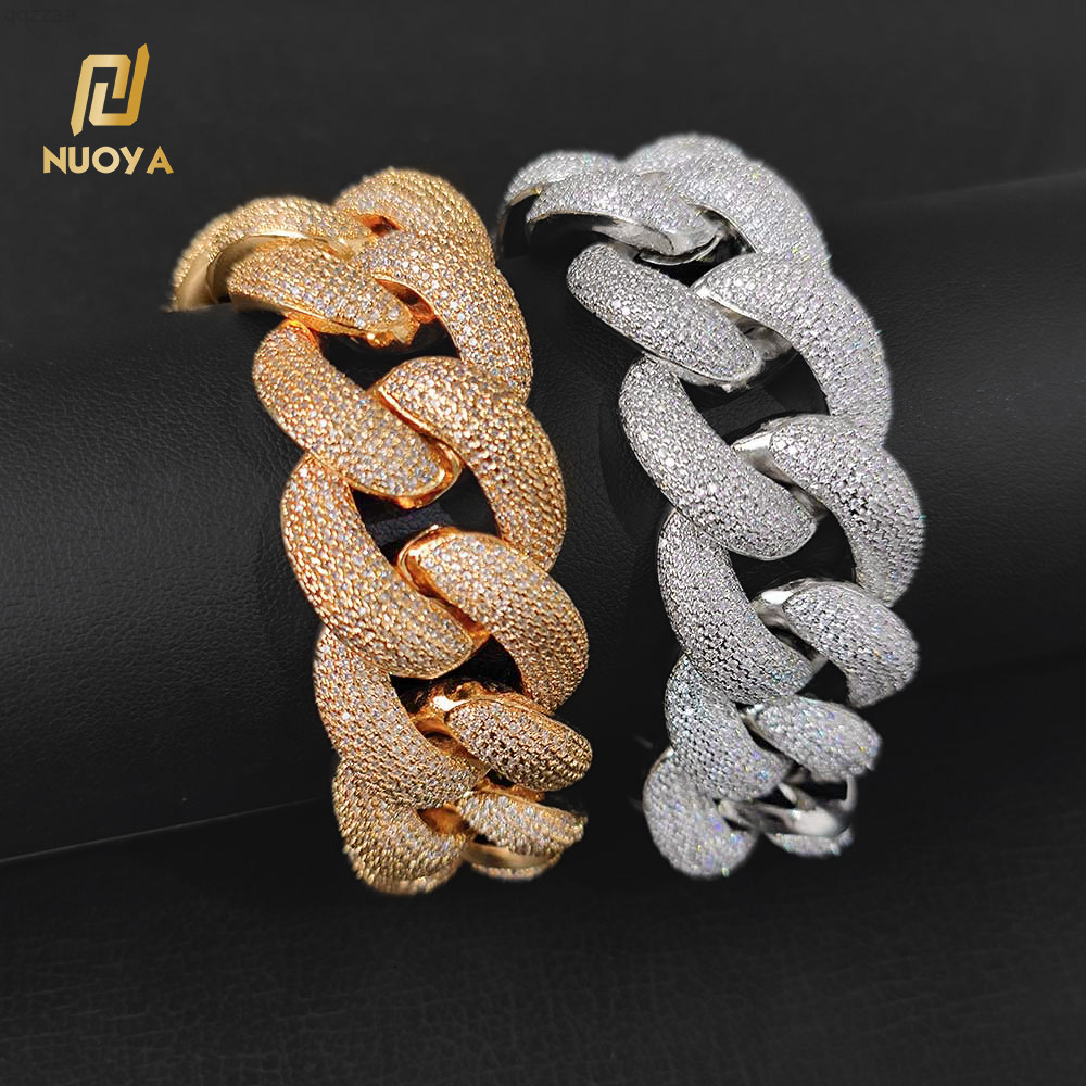 NUOYA Full Pave Moissanite Cuban Chain Bracelet 25mm Chunky Box Clasp Design Gold Plated Iced Out Miami Cuban Link Chain for Men