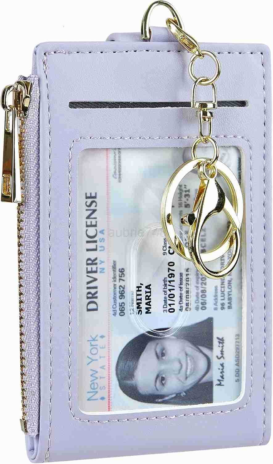 Women Men Leather RFID Blocking Card Holder Slim Small Zipper Keychain Front Pocket Wallet with 2 ID Window M250904