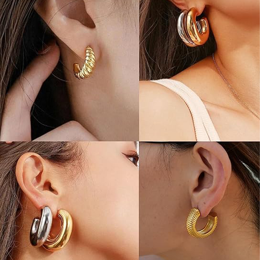 5 Pairs Chunky Hoops Earrings Thick Open Hoop Lightweight Hollow Earrings for Women Trendy Jewelry Gold Tone