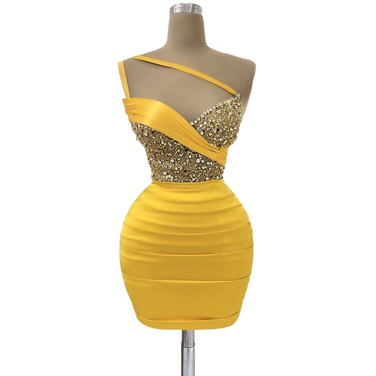 Chic Yellow Sheath Cocktail Dress One Shoulder Crystals Sequined Satin Illusion Short Mini Graduation Homecoming Dresses For Special Occasions Sweethe