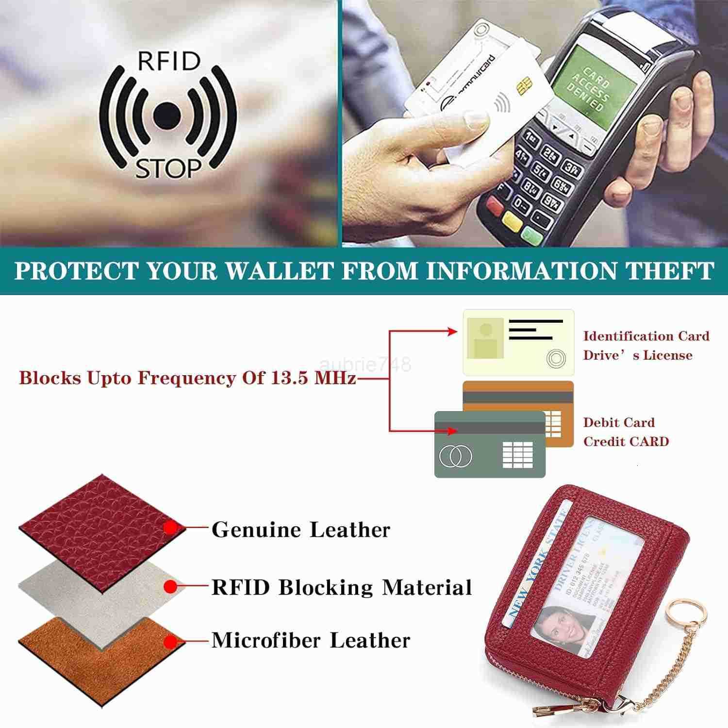 Small CARD Holder for Women RFID Blocking Leather Keychain Wallet with ID Window M250903