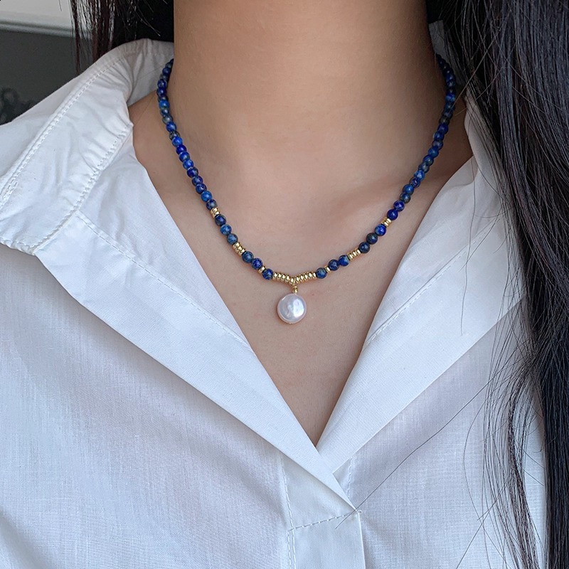Baroque Button Freshwater Pearl Lapis Lazuli Necklace for Women Elegant Internet Celebrity Klein Blue Glitter Fashion Collarbone Chain
