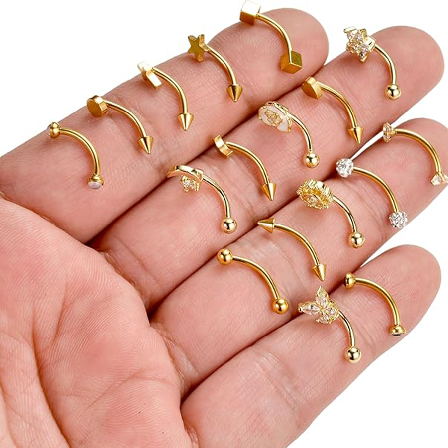 18Pcs Eyebrow Piercing Jewelry 16G Surgical Steel Curved Barbell Eyebrow Rings Butterfly Moon Lip Belly Button Rook Daith Tragus Earrings for Women Me