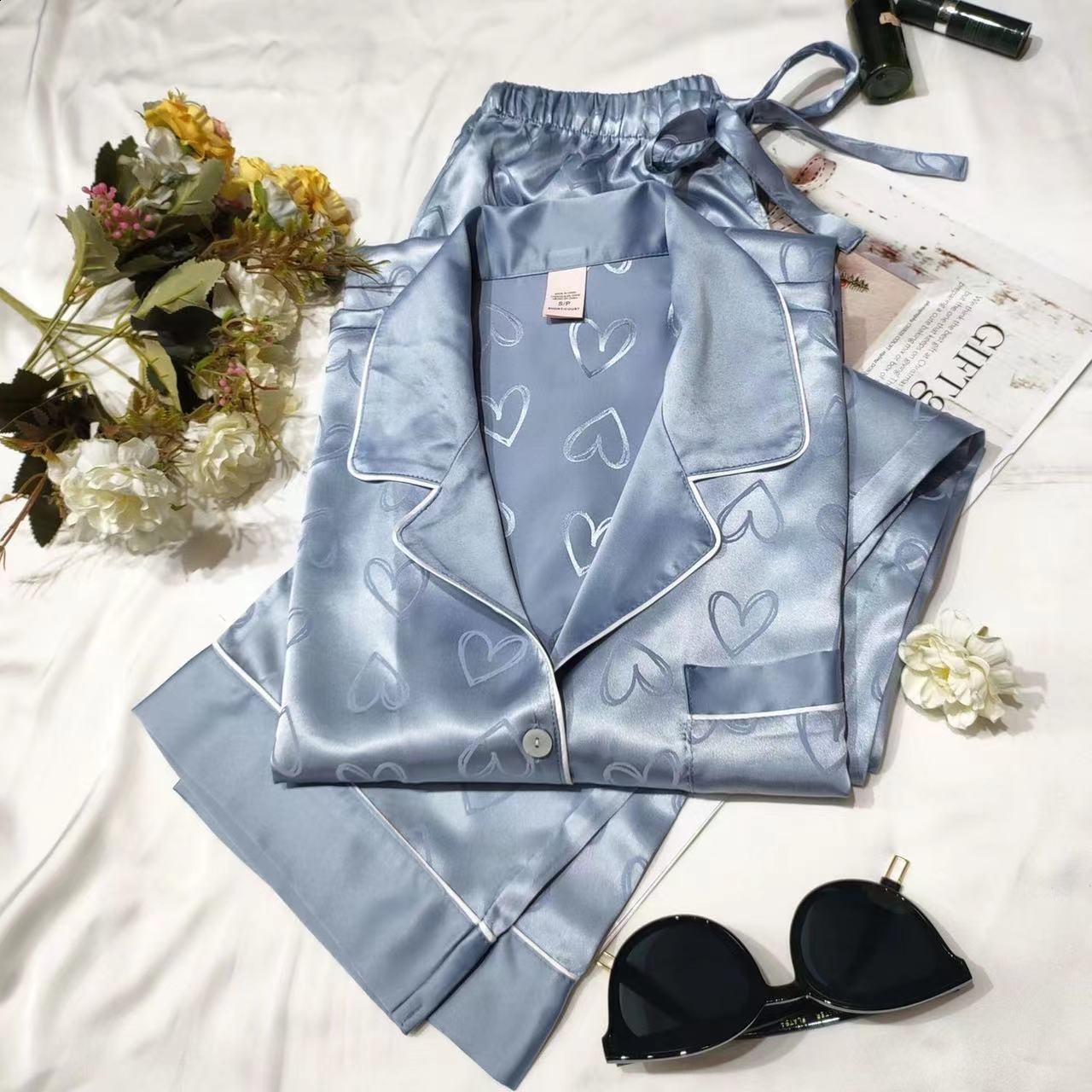 Womens Two Piece Pants Woman 2 Pieces Shirts Pants Suit Fashion Printed Blouses Tops Straight Trousers Set Female Casual Single Breasted Shirt 220902
