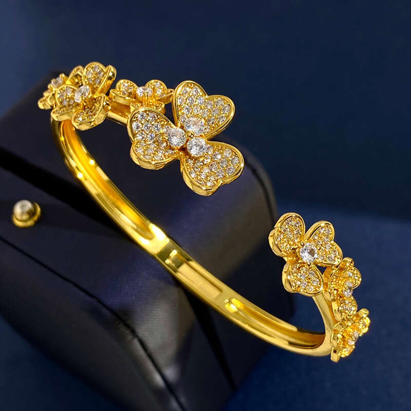 2025 European-American Style Clover Bracelet, Full-Diamond 7-Flower Design, Adjustable Open Bangle, Ins Trendy Jewelry, FK806350348 (Platinum/Gold/Ros