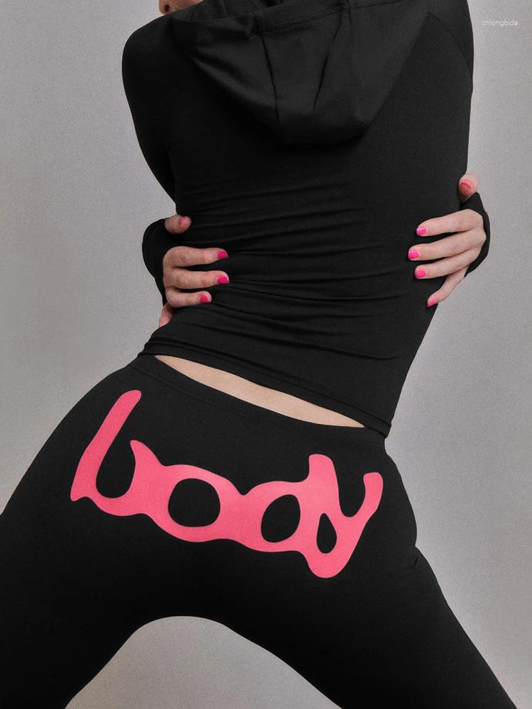 BODY Women's Two Piece Pants Weird Puss Letter Print 2 Set Women Tracksuit Hooded Jacket Leggings Matching Stretch Streetwear Casual Sporty