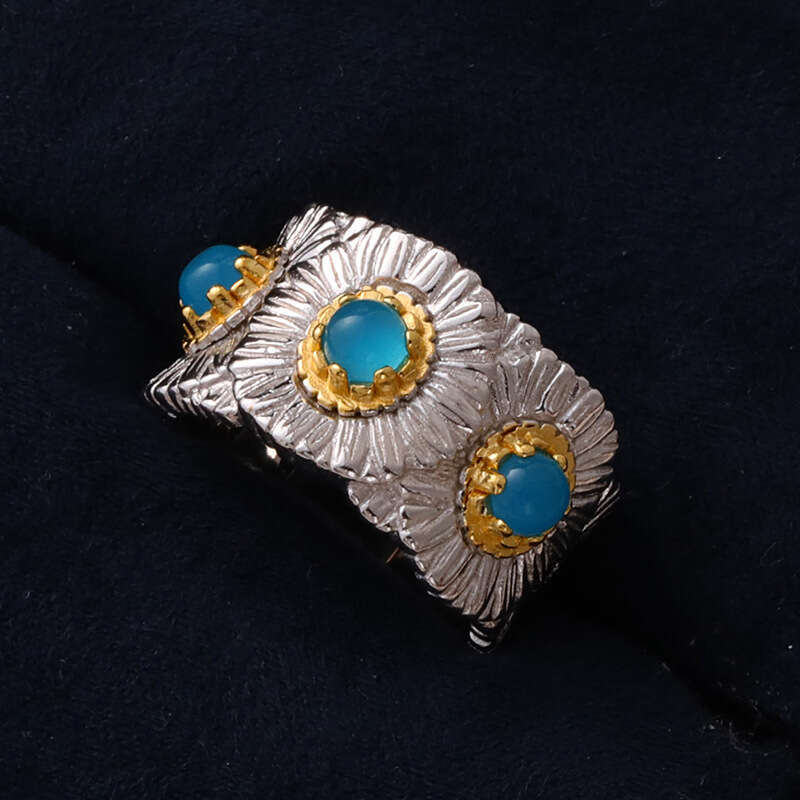 Live Italian Sterling Silver Blue Agate Daisy Ring for Women New High-End Pink Opal