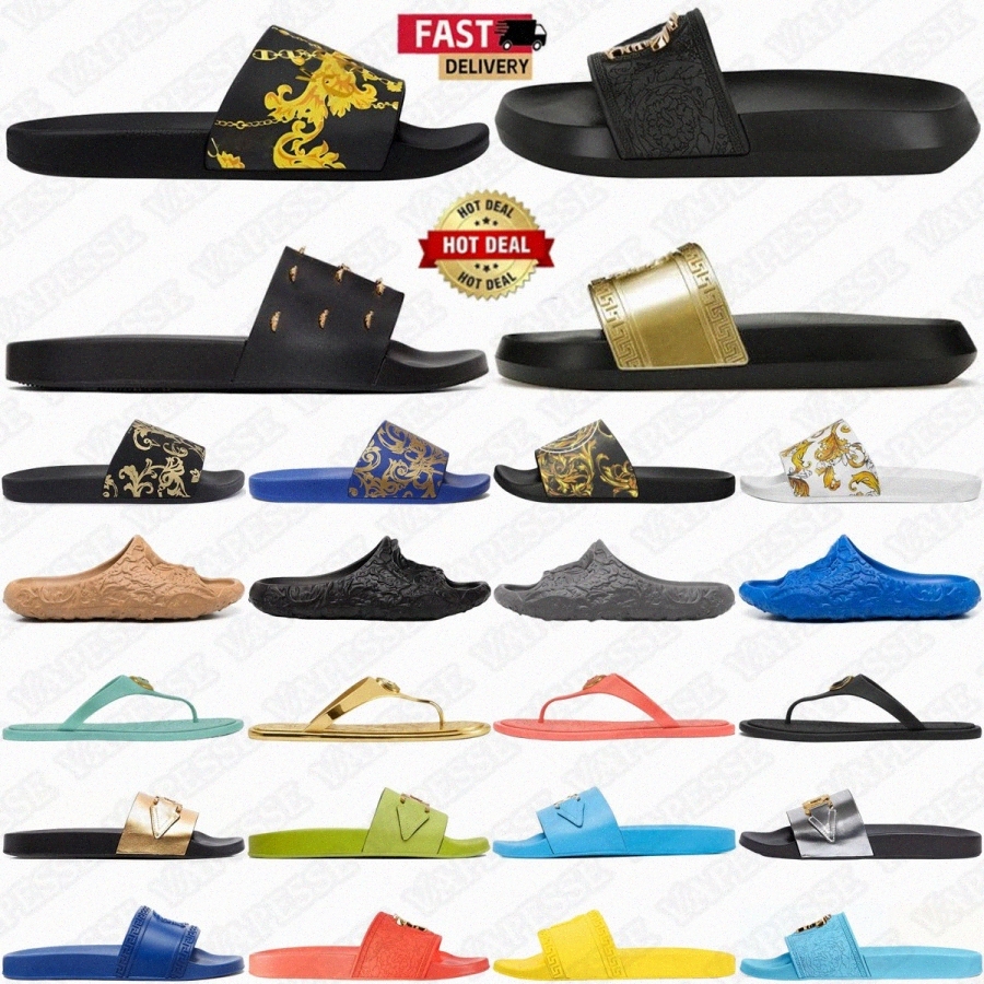 designer slippers shoes slides Medusa sandals Pool Slide Allover Navy La Gold Palazzo Rubber Baroque Black Logo White mens Womens BlueSIJ5#