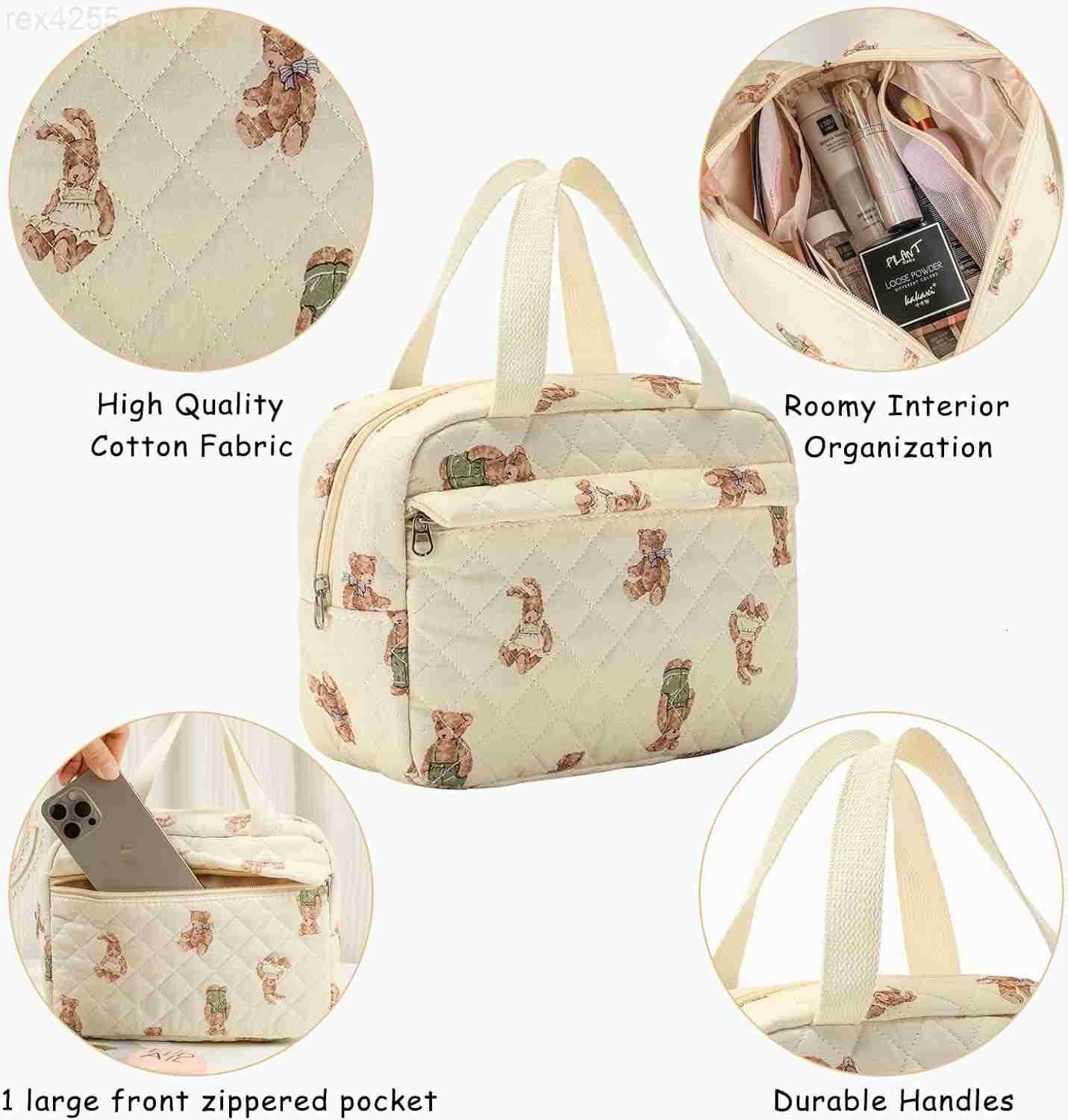 Large Size Quilted Coquette Makeup Bag Cute Preppy Floral Cotton Travel Cosmetic Organizer Bag with Top Handle MultiLayer Travel Toiletry Pouch for Gi