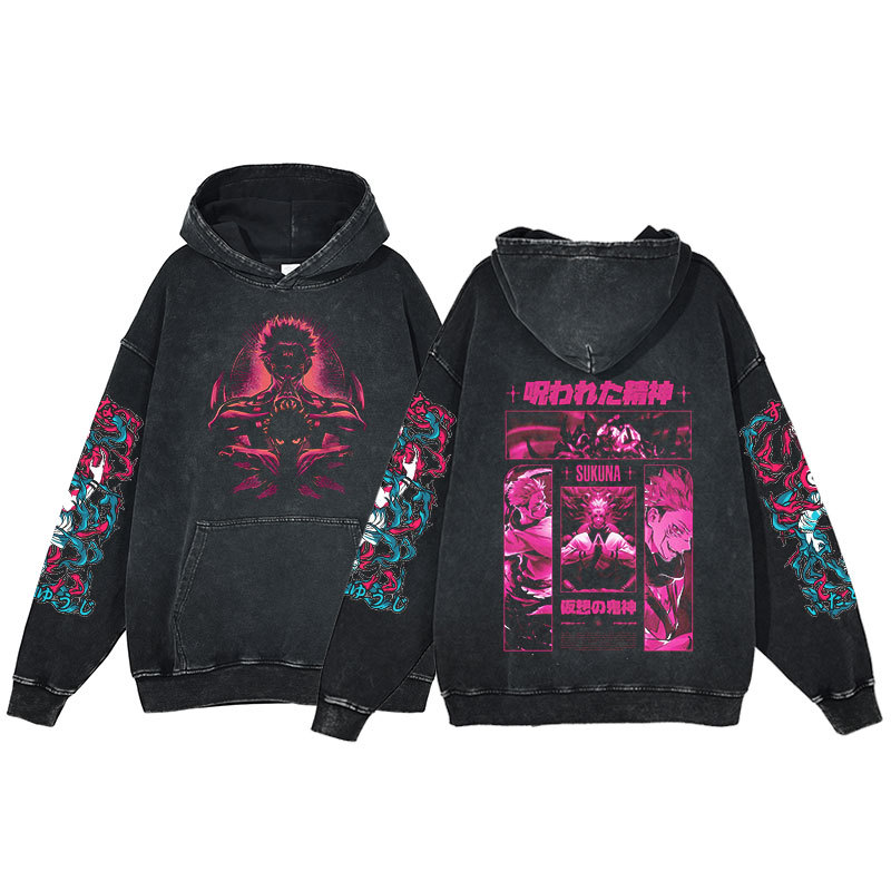 Anime Jujutsu Kaisen Hoodie Gojo Satoru Series Print Harajuku Washed Hooded Sweatshirt Men's - VT2741