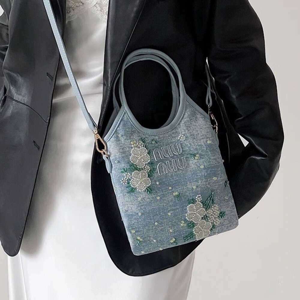 2025 Spring Viral Style Embroidered Denim Tote Women's Small Square Handheld Shoulder Crossbody Bag