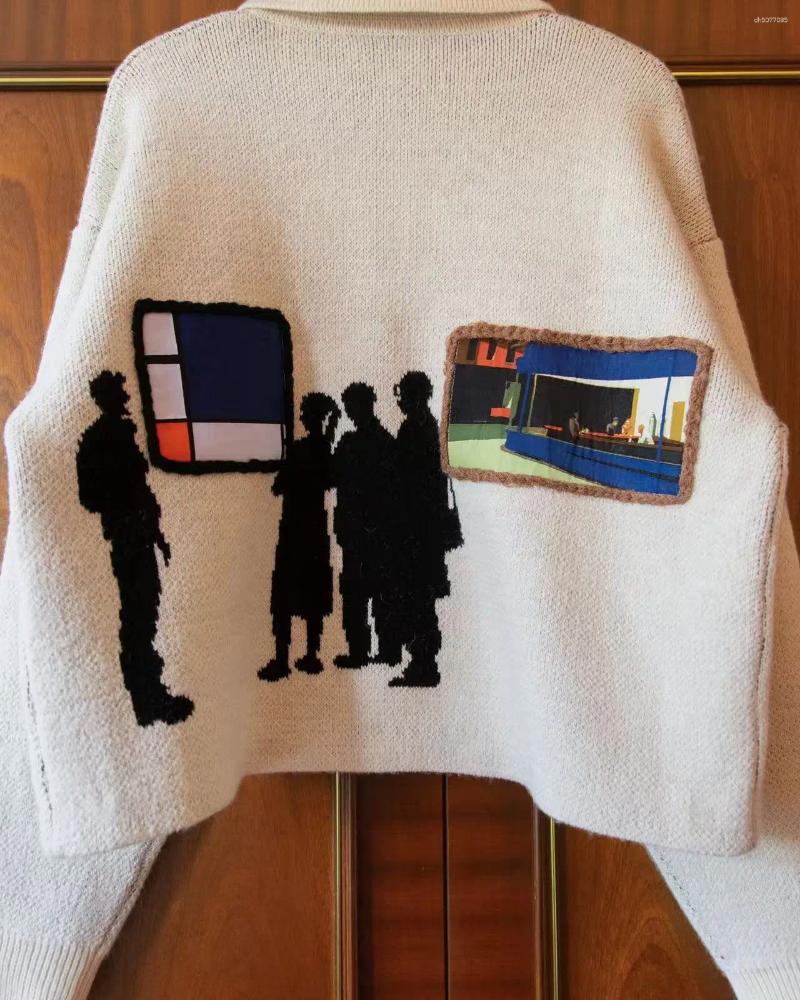 Men's Sweaters Mens Beige Knit Sweater Silhouette Geometric Print Handmade Collage Vintage Literary Artistic Warm Comfortable Casual Style