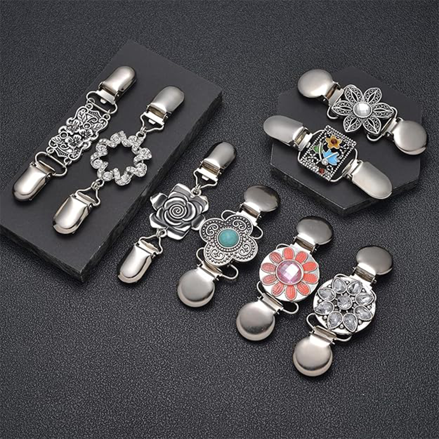8Pcs Vintage Sweater Shawl Clips Retro Cardigan Collar Shirt Dresses Waist Clip Antique Flowers Pattern Brooch Clip for Women