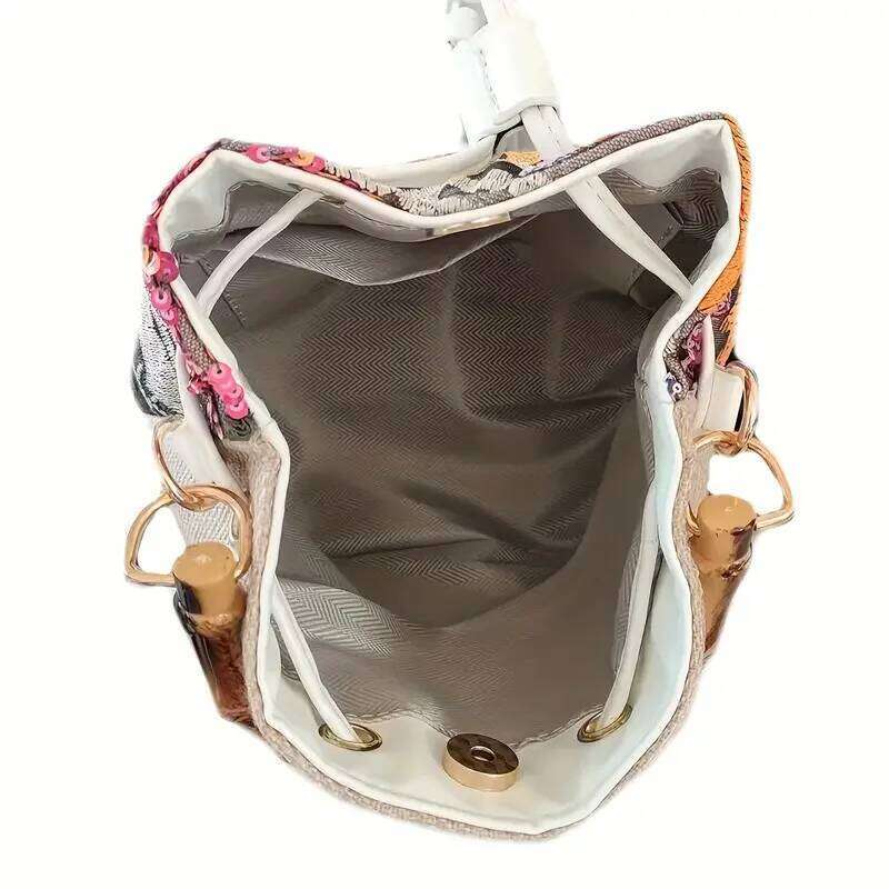Fashion Sequin Embroidery Bucket Baboom Handle Women Handbags Flower Straw Shoulder Crossbody Bags Sumer Beach Tote Bag