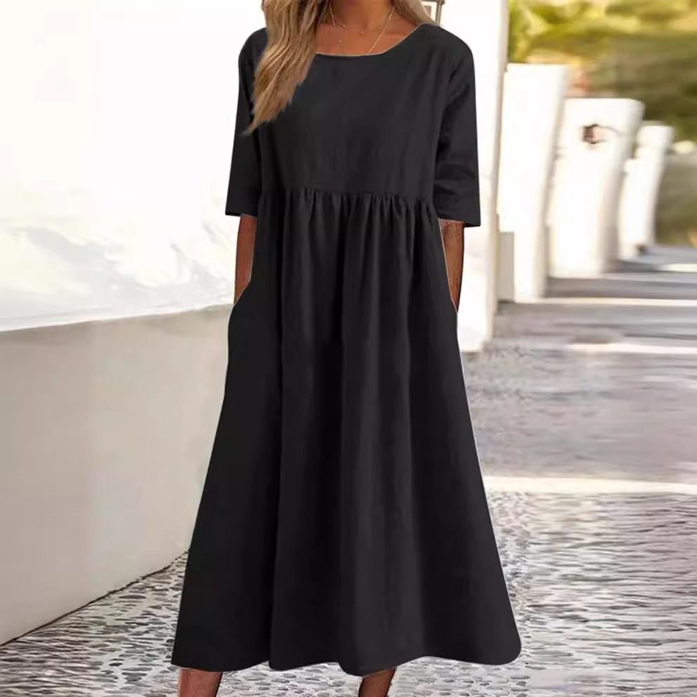 H830New spring and summer round neck 5-point sleeve large size casual loose long solid color cotton and linen dress