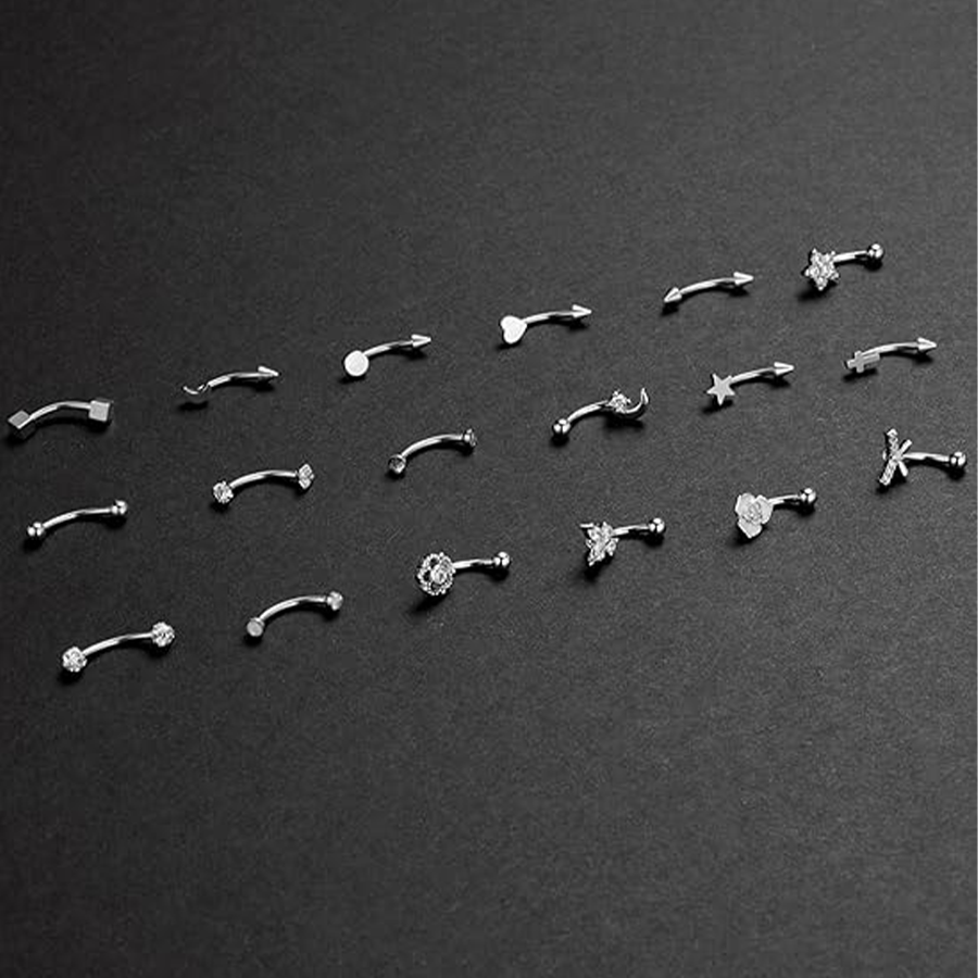 18Pcs Eyebrow Piercing Jewelry 16G Surgical Steel Curved Barbell Eyebrow Rings Butterfly Moon Lip Belly Button Rook Daith Tragus Earrings for Women Me