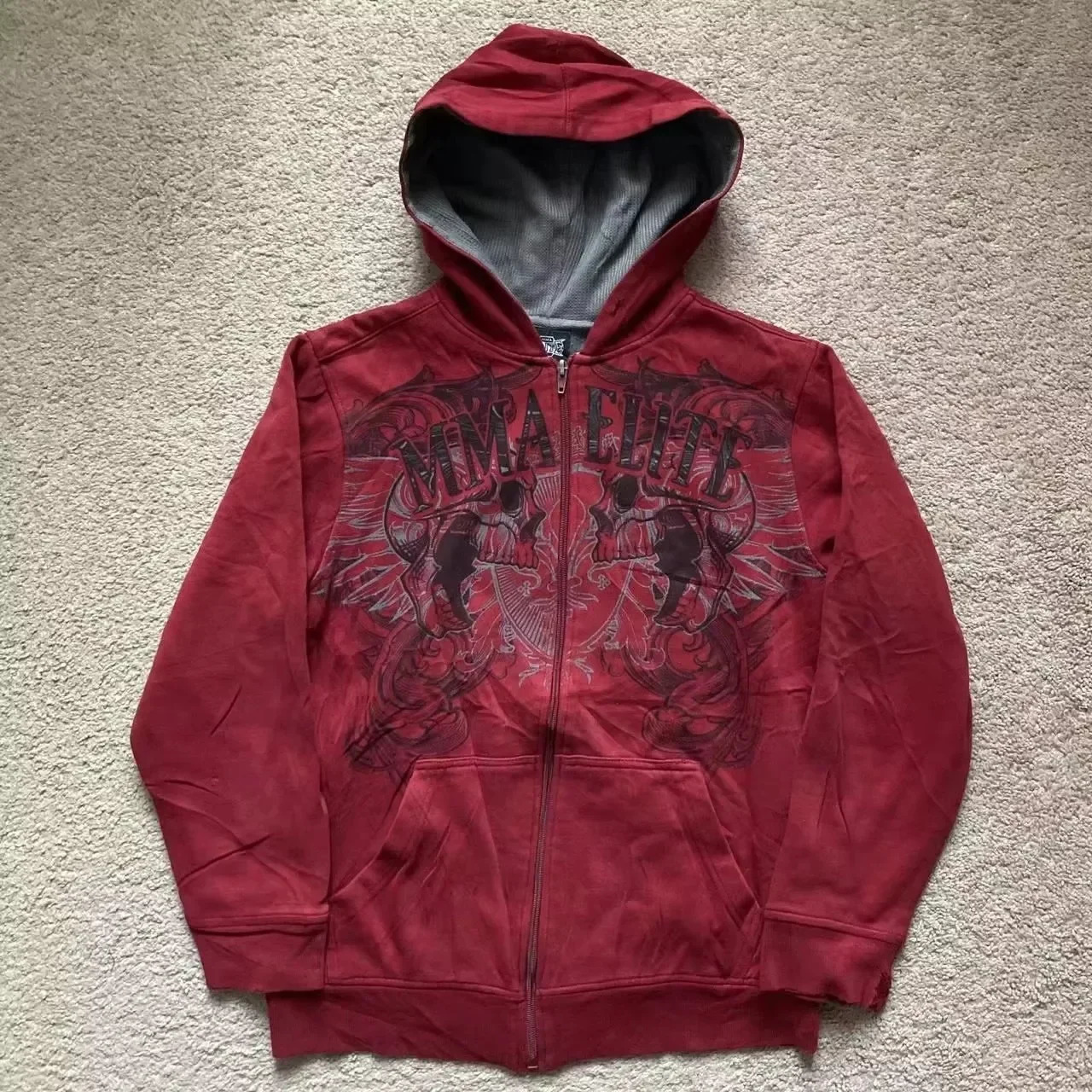 2000s Cotton Red Couple Zipper Hoodies Vintage Elite Full Zip Hoodie Sweatshirt Size Skull Snake Red Y2K Sweatshirts 250903