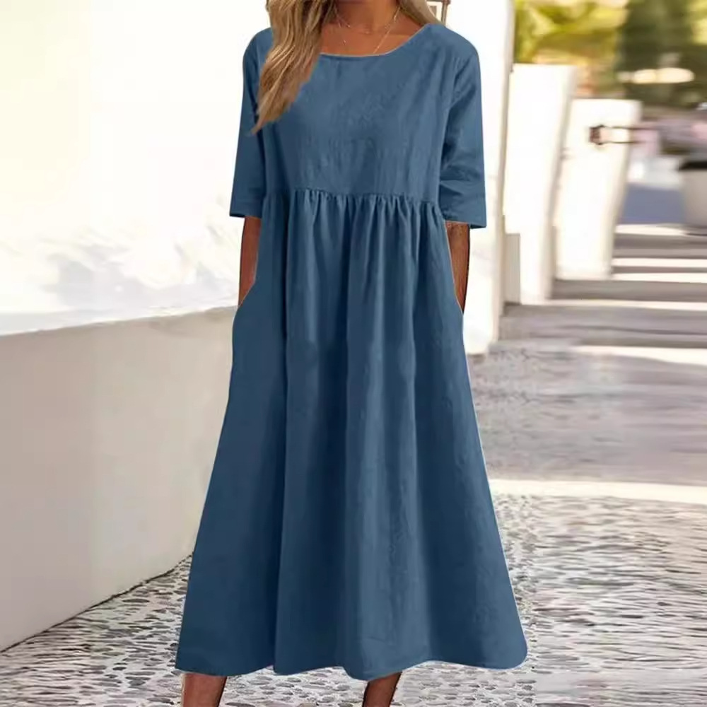 H830New spring and summer round neck 5-point sleeve large size casual loose long solid color cotton and linen dress