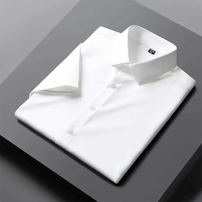 summer elastic thin short sleeve shirts for men slim fit formal plain shirt soft office black white clothes wrinkle free tops X250903